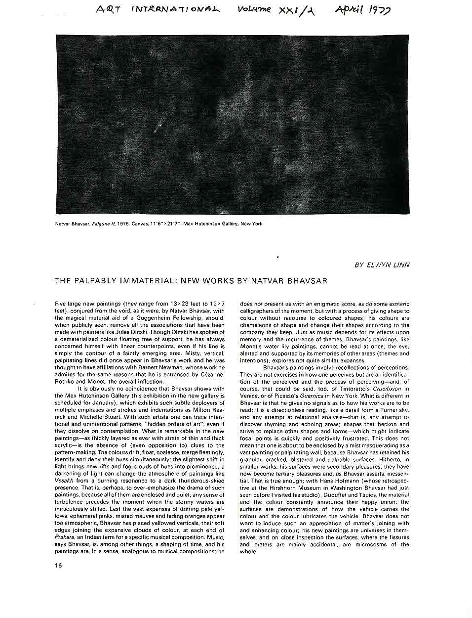 The Palpably Immaterial: New Works by Natvar Bhavsar, article, pg 1