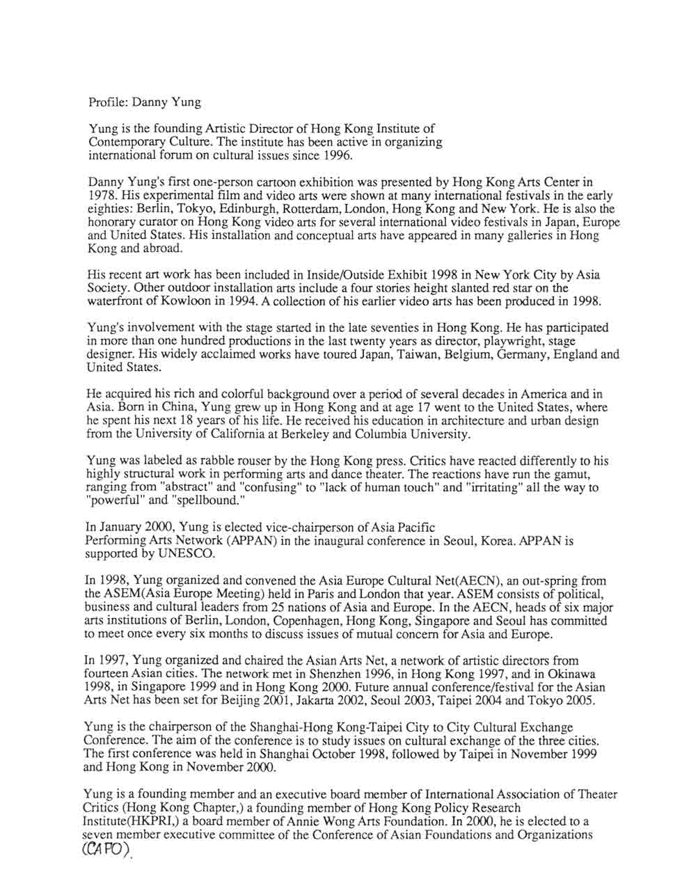 Danny Yung's Artist Biography, pg 1