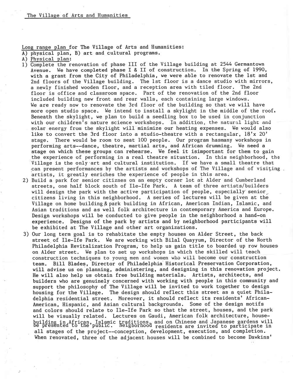 Plan for the Village of Arts and Humanities, pg 1