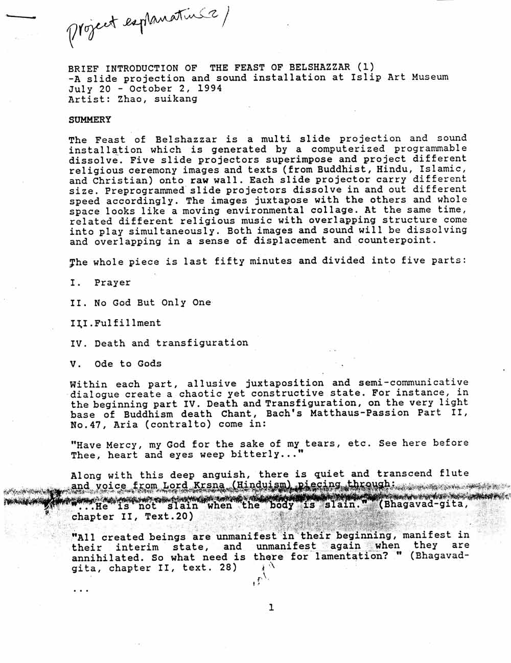 Sui Kang Zhao's Artist Production Notes, pg 1
