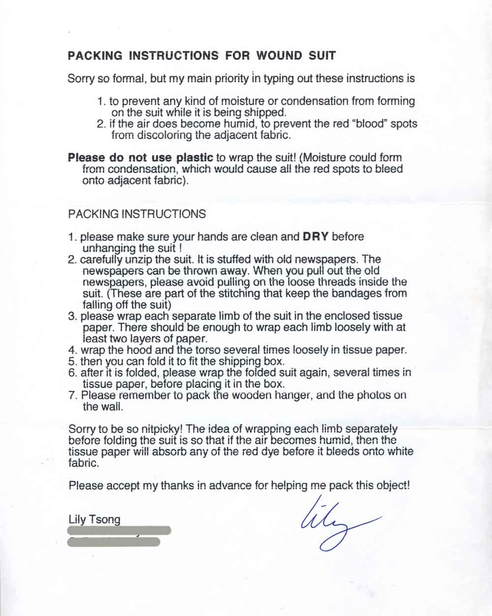 Packing instructions for wound suit