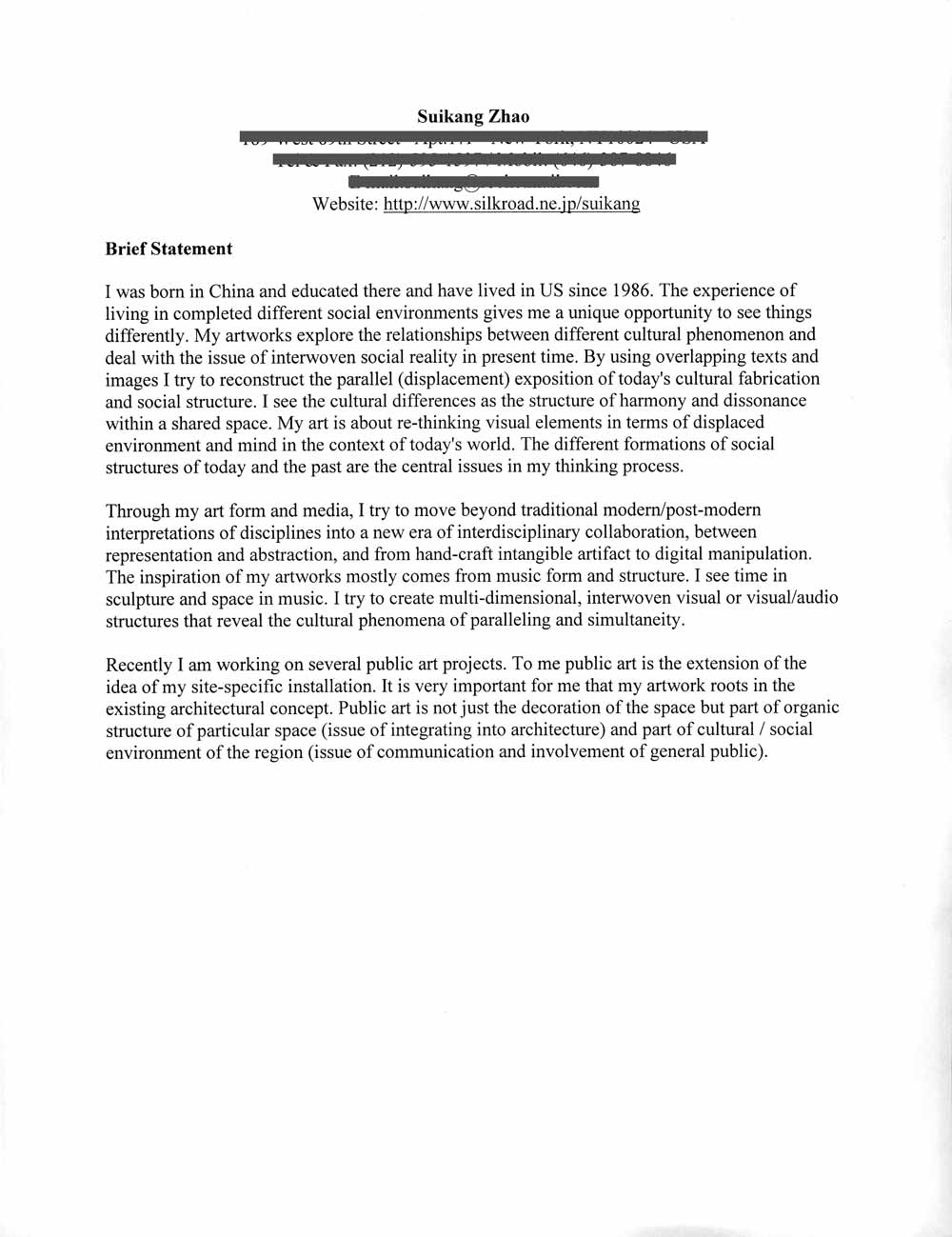 Sui Kang Zhao's Artist Statement