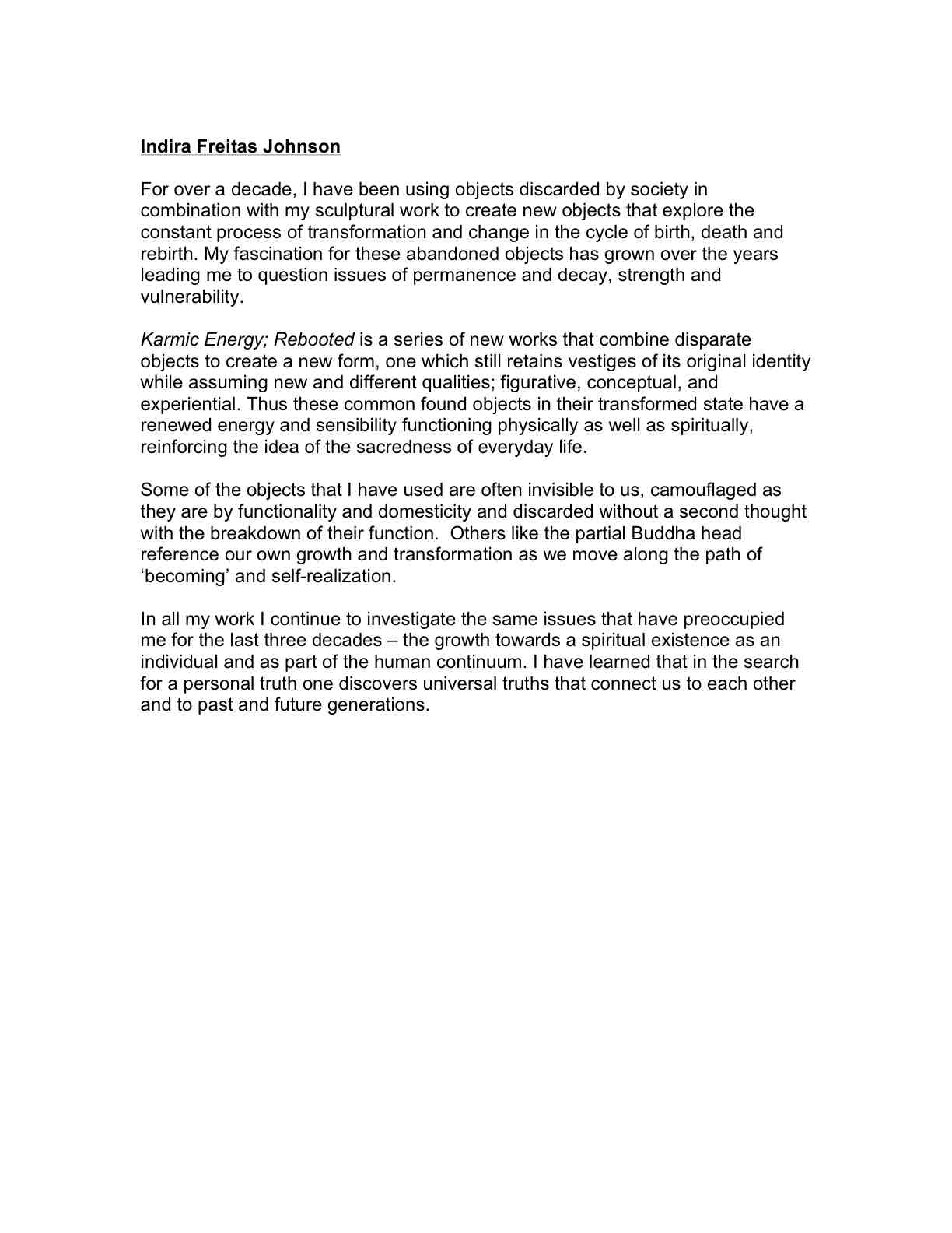 Indira Johnson's Artist Statement 2011