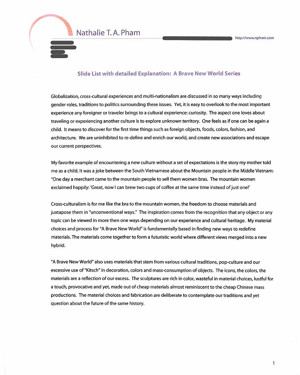 Nathalie Pham's Artist Statement for "A Brave New World Series"