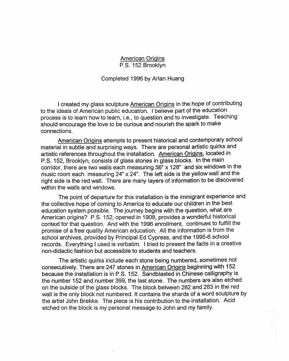 Arlan Huang's Artist Statement, pg 1