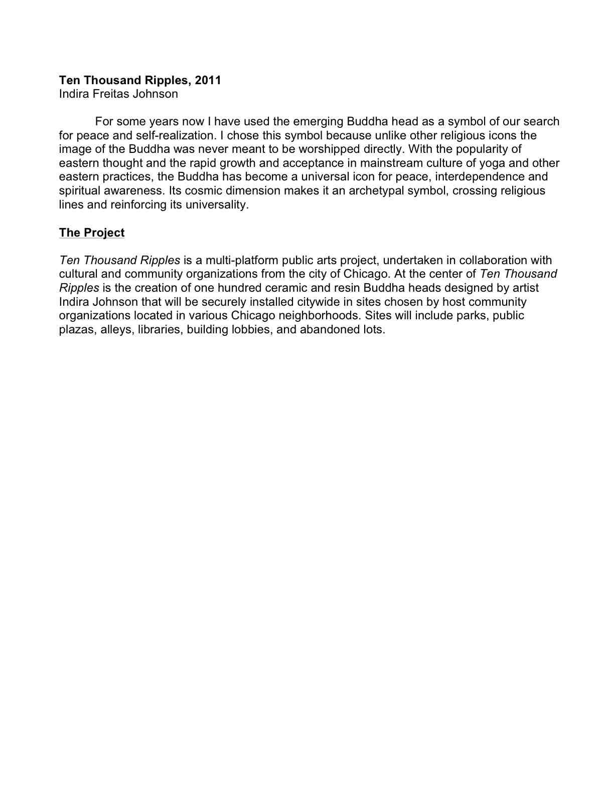 Indira Johnson's Artist Statement for Project, Ten Thousand Ripples
