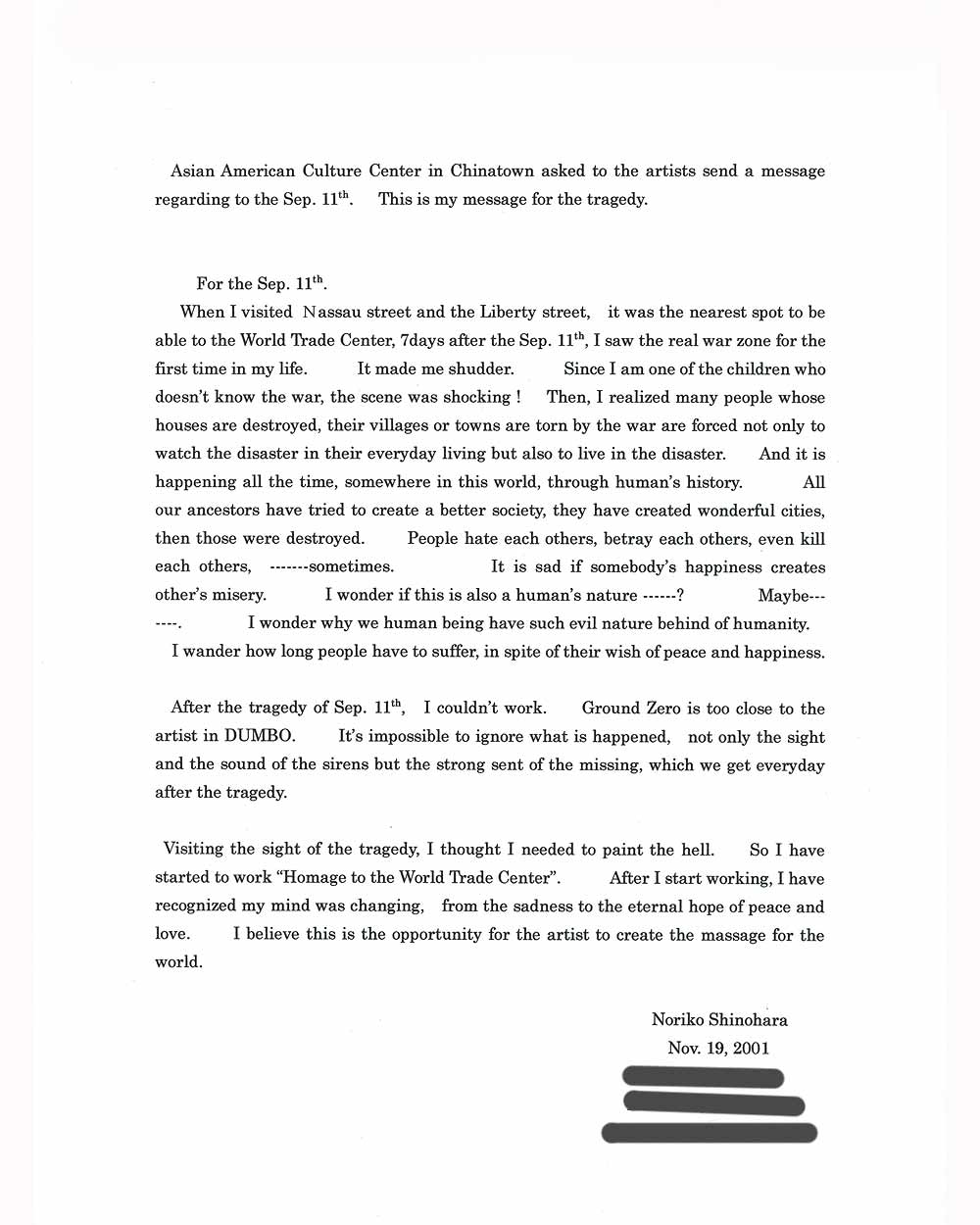 Noriko Shinohara's Artist Statement, 2001