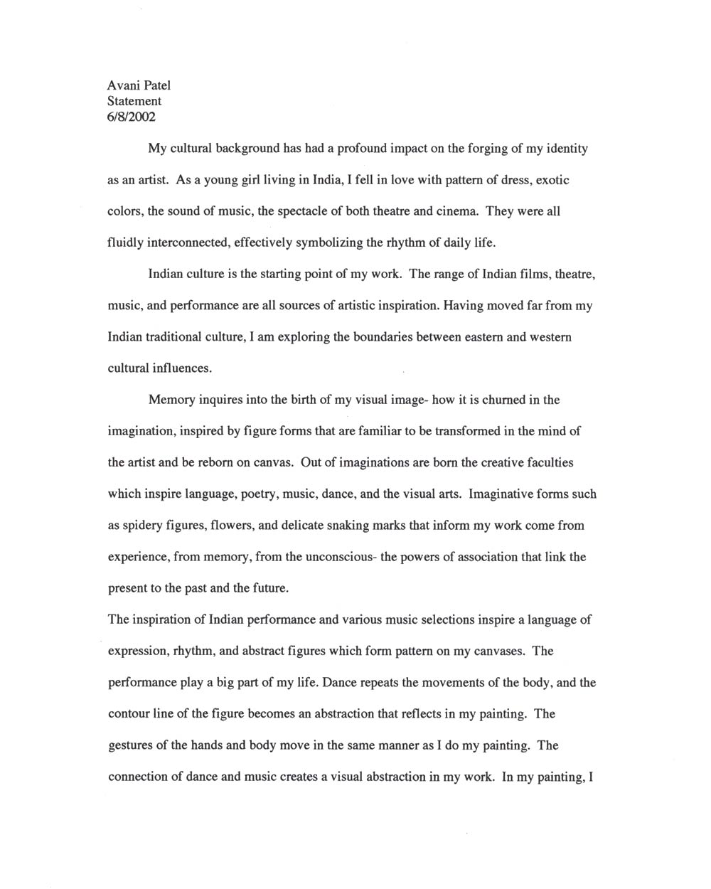 Avani Patel's Artist Statement, pg 1