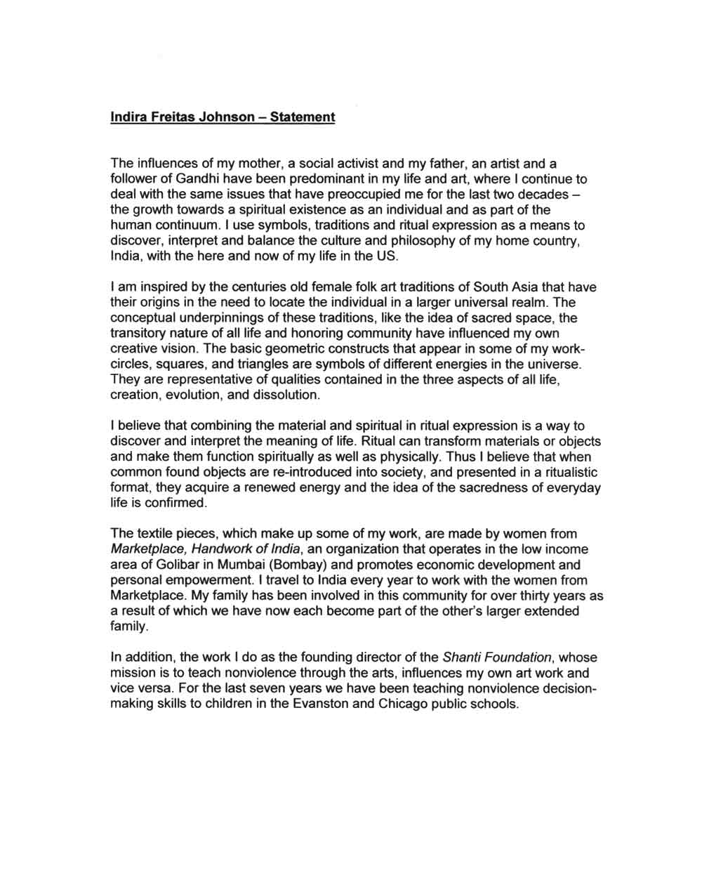 Indira Johnson's Artist Statement