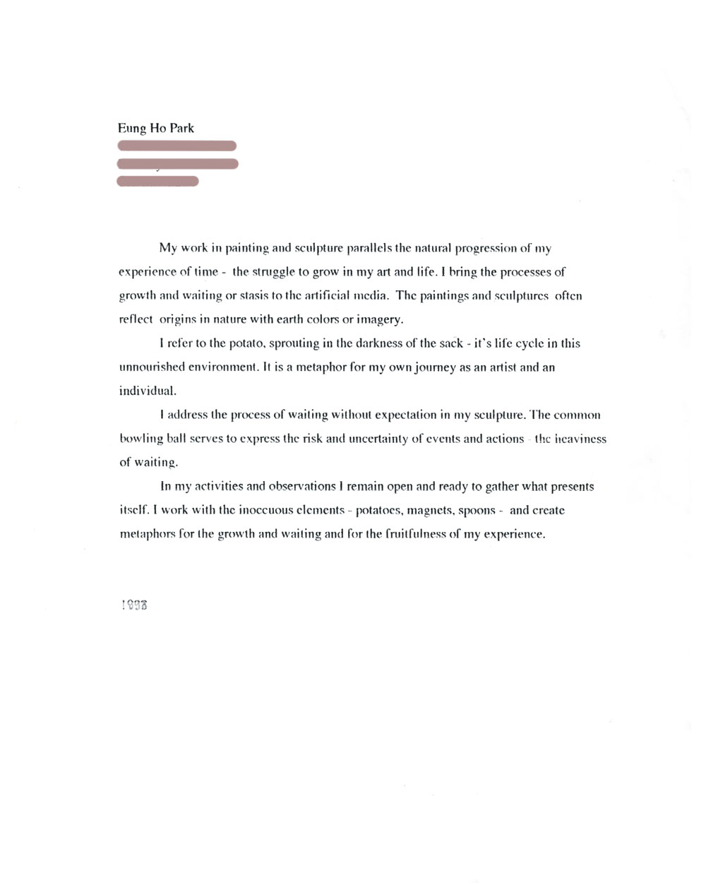 Eung Ho Park's Artist Statement, 1998