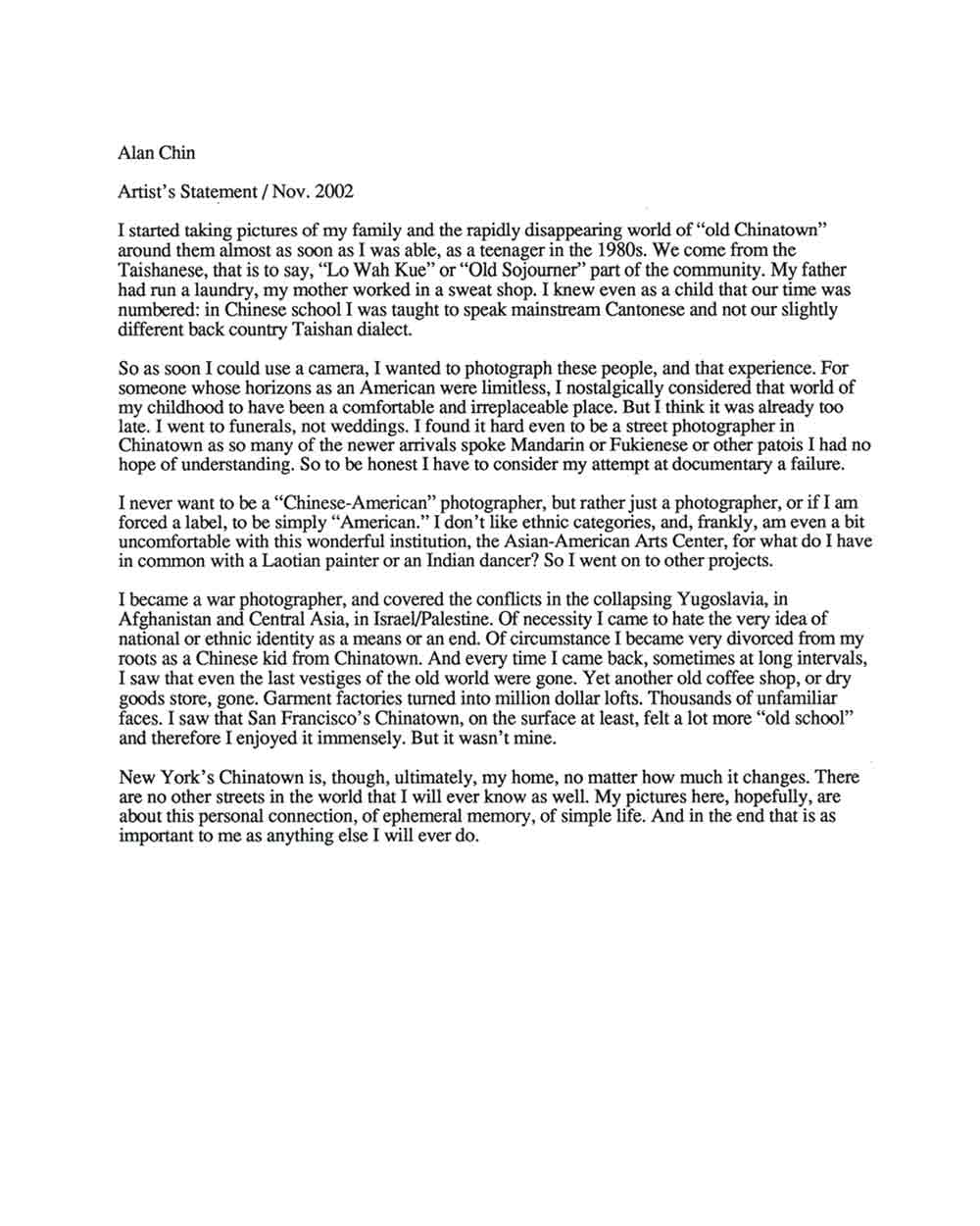 Alan Chin's Artist Statement
