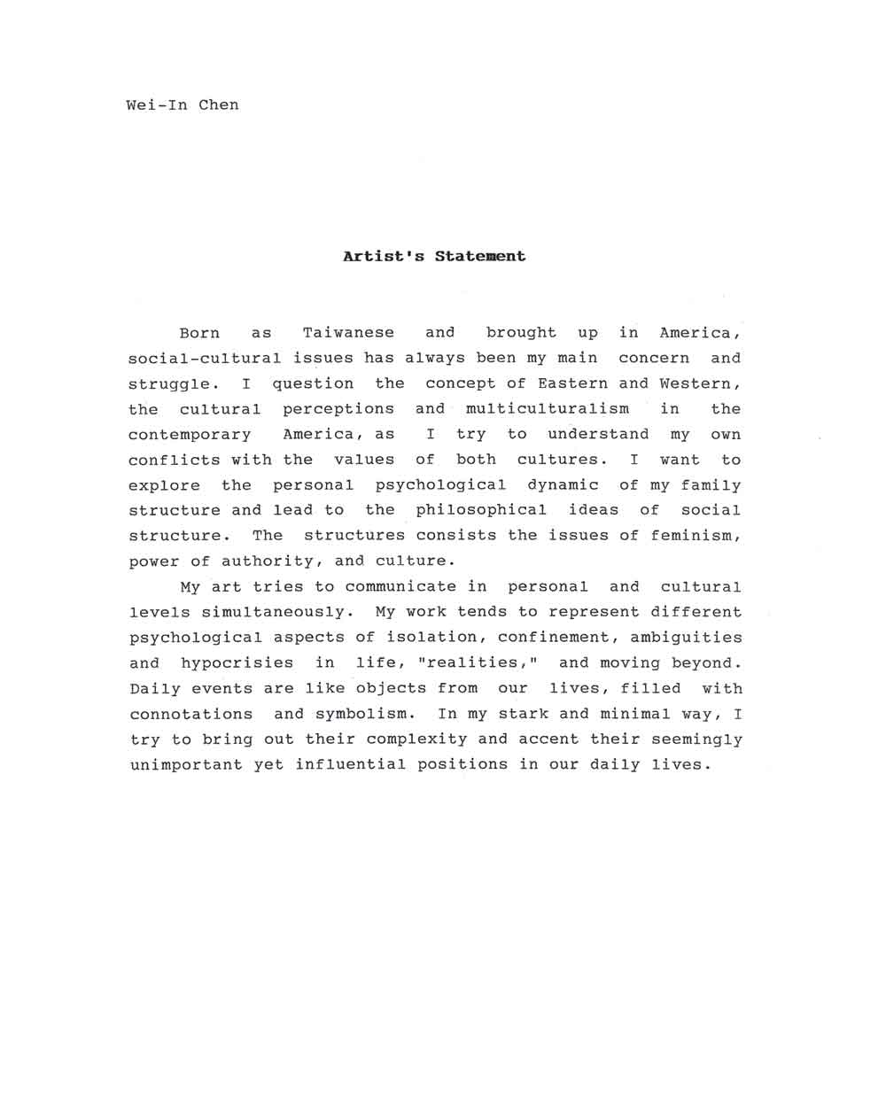 Wei-In Chen's Artist Statement