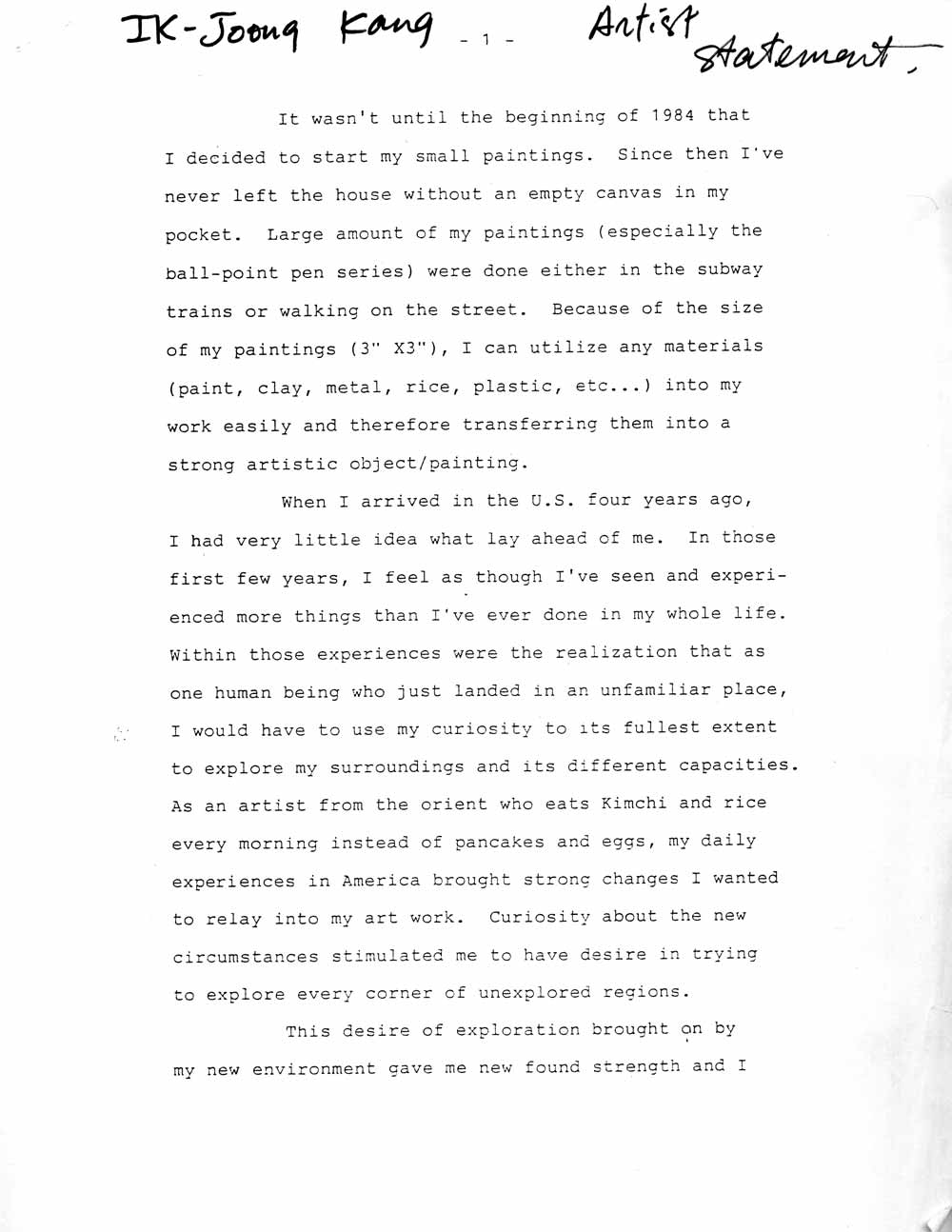 Ik-Joong Kang's Artist Statement, pg 1