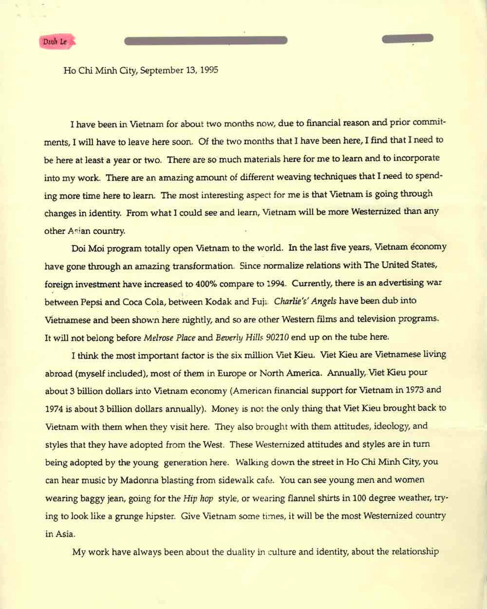 Dinh Q. Le's Artist Statement, pg 1