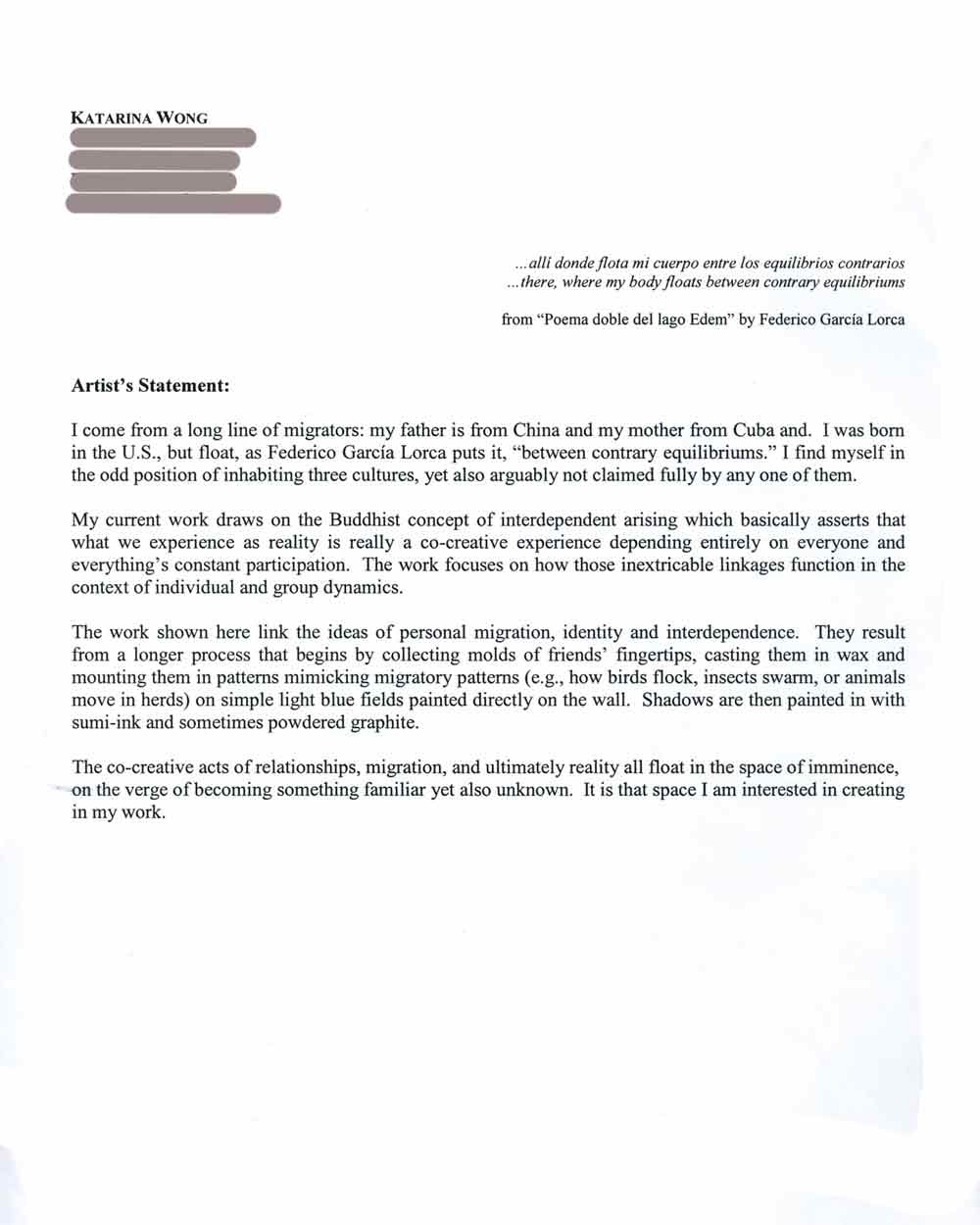 Katarina Wong's Artist Statement