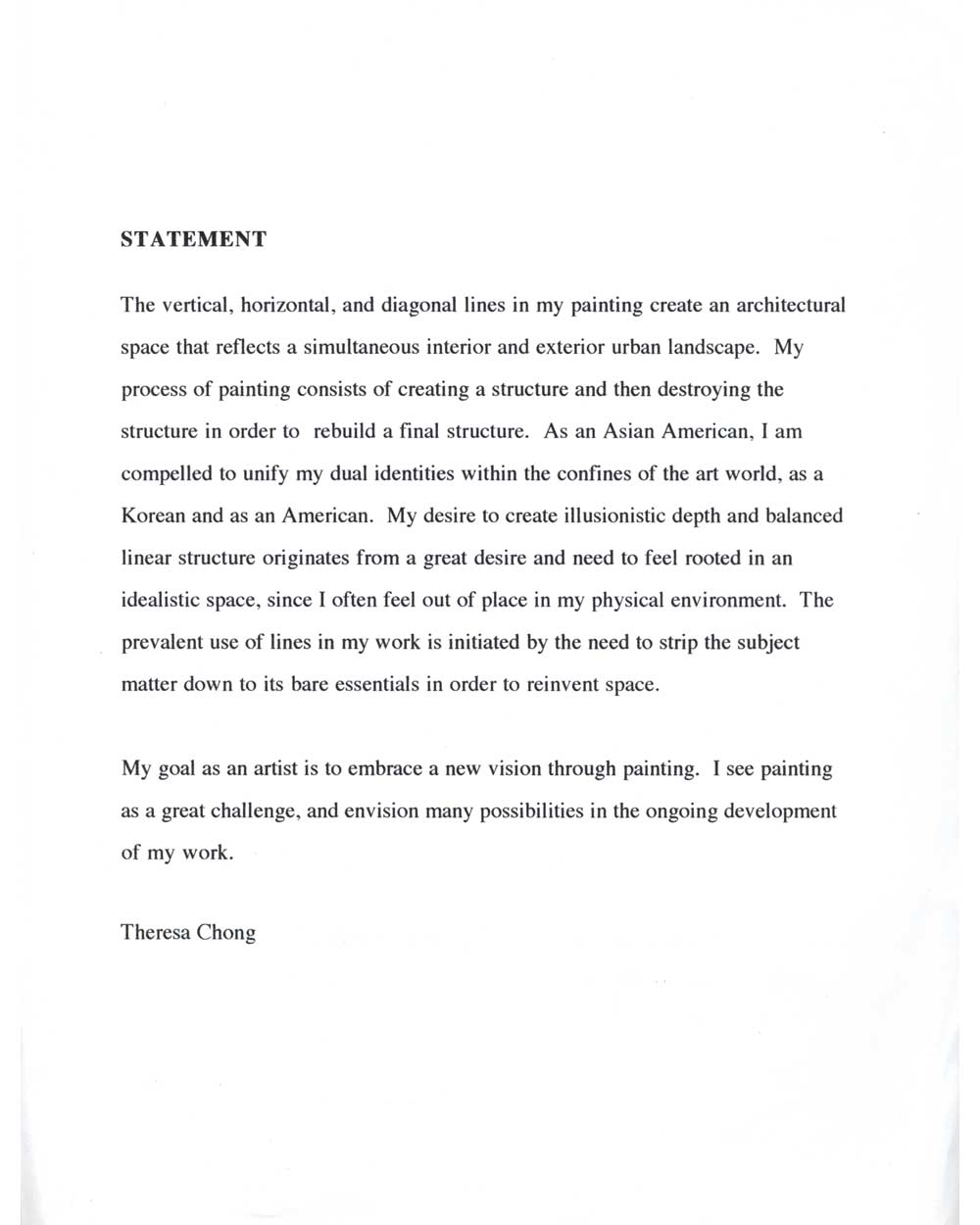 Theresa Chong's Artist Statement, pg 1
