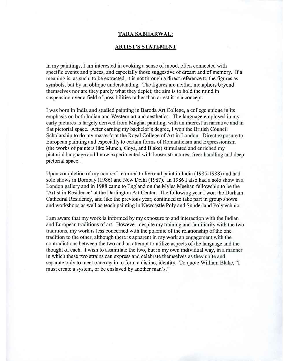 Tara Sabharwal's artist's statement, pg 1
