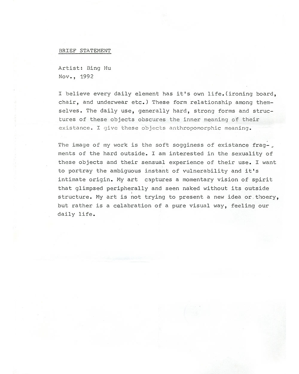 Bing Hu's artist's statement