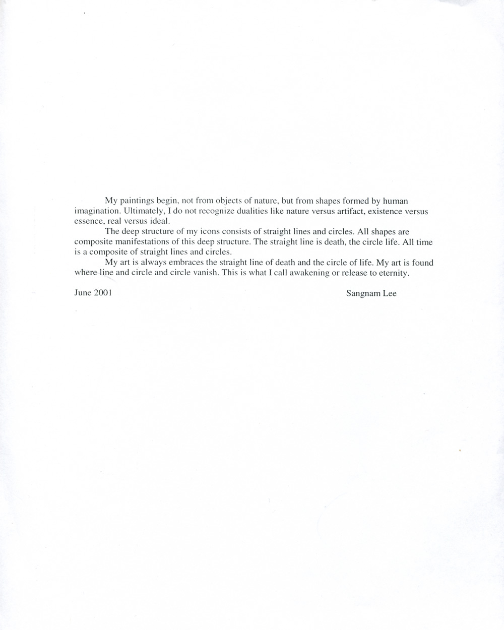 Sang Nam Lee's Artist Statement, June 2001