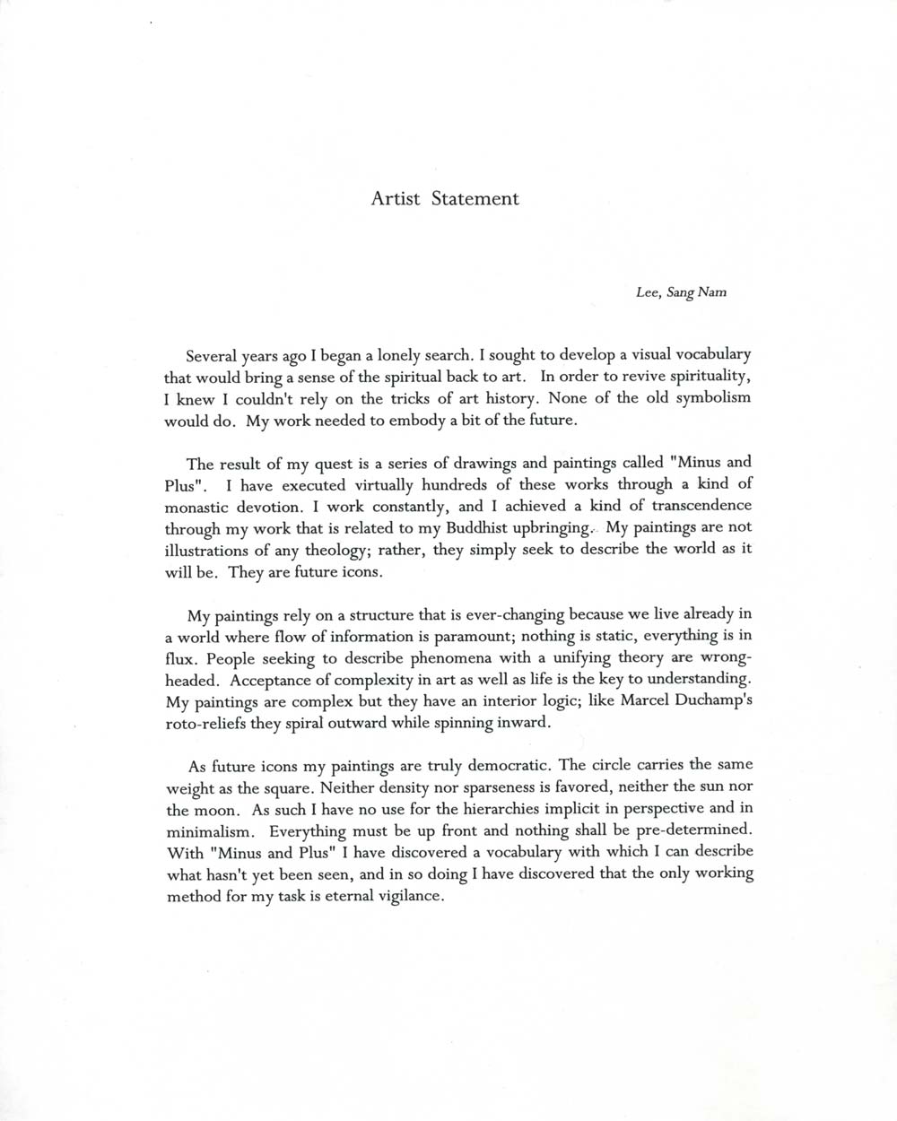Sang Nam Lee's Artist Statement, undated