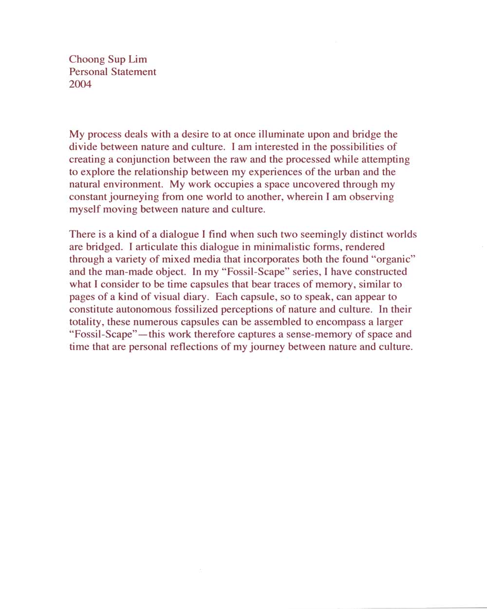 Choong Sup Lim's Artist Statement, pg 1