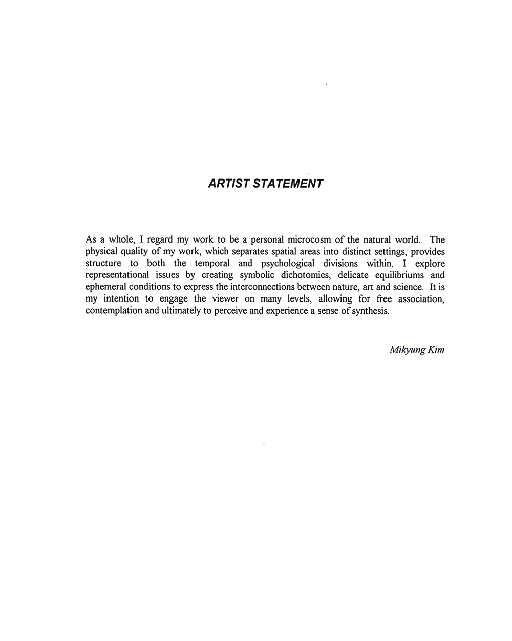 Mikyung Kim's Artist Statement, pg 1