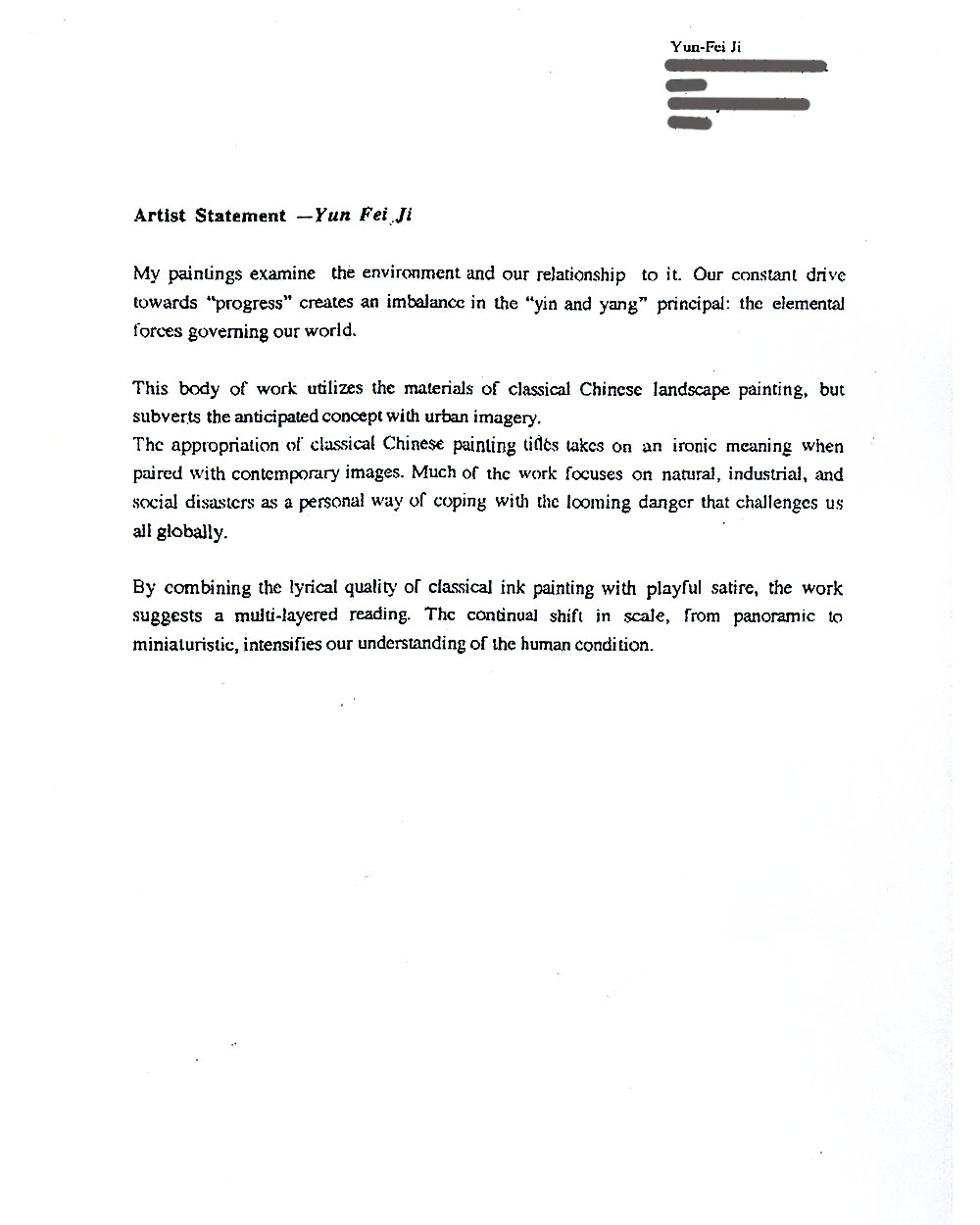 Yun-Fei Ji's Artist Statement, undated