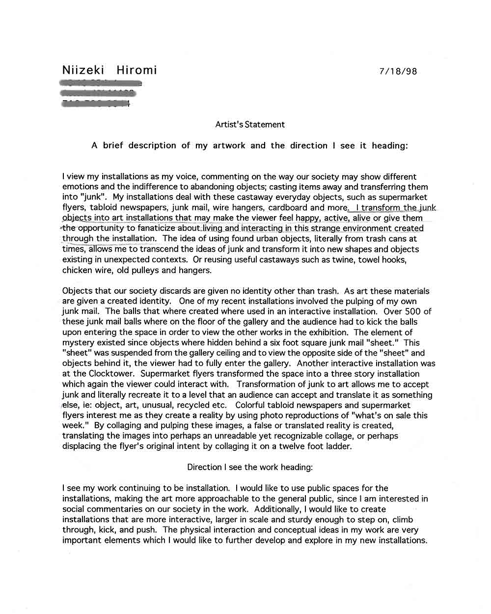 Hiromi Niizeki's Artist Statement