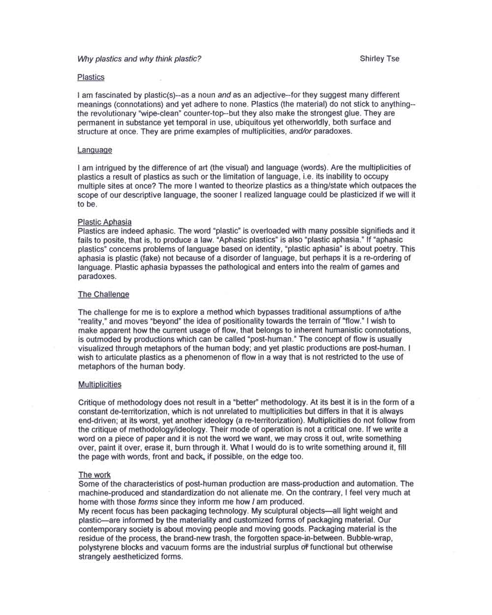 Shirley Tse's Artist Statement