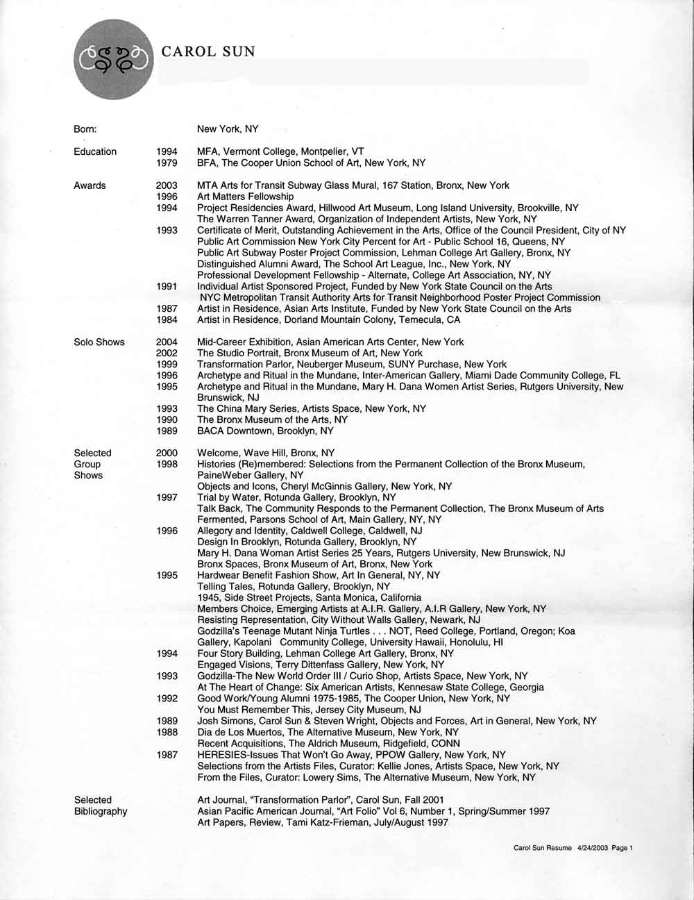 Carol Sun's Resume, pg 1