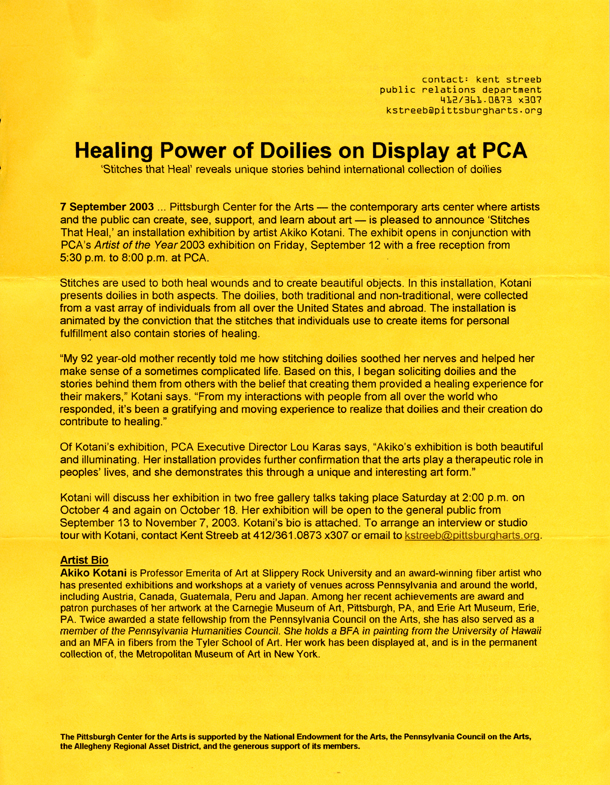 "Stitches that Heal", press release, pg 1
