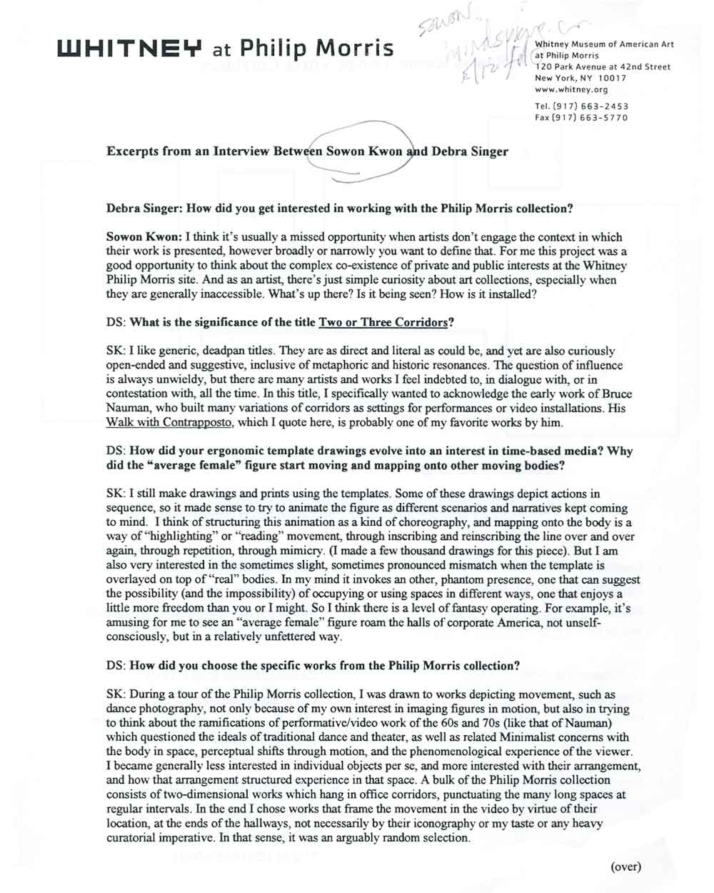 Sowon Kwon interview excerpts, pg 1