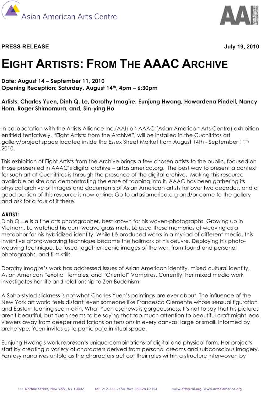 Exhibition Press Release for "Eight Artists: From the AAAC Archive", Asian American Arts Centre, 2010