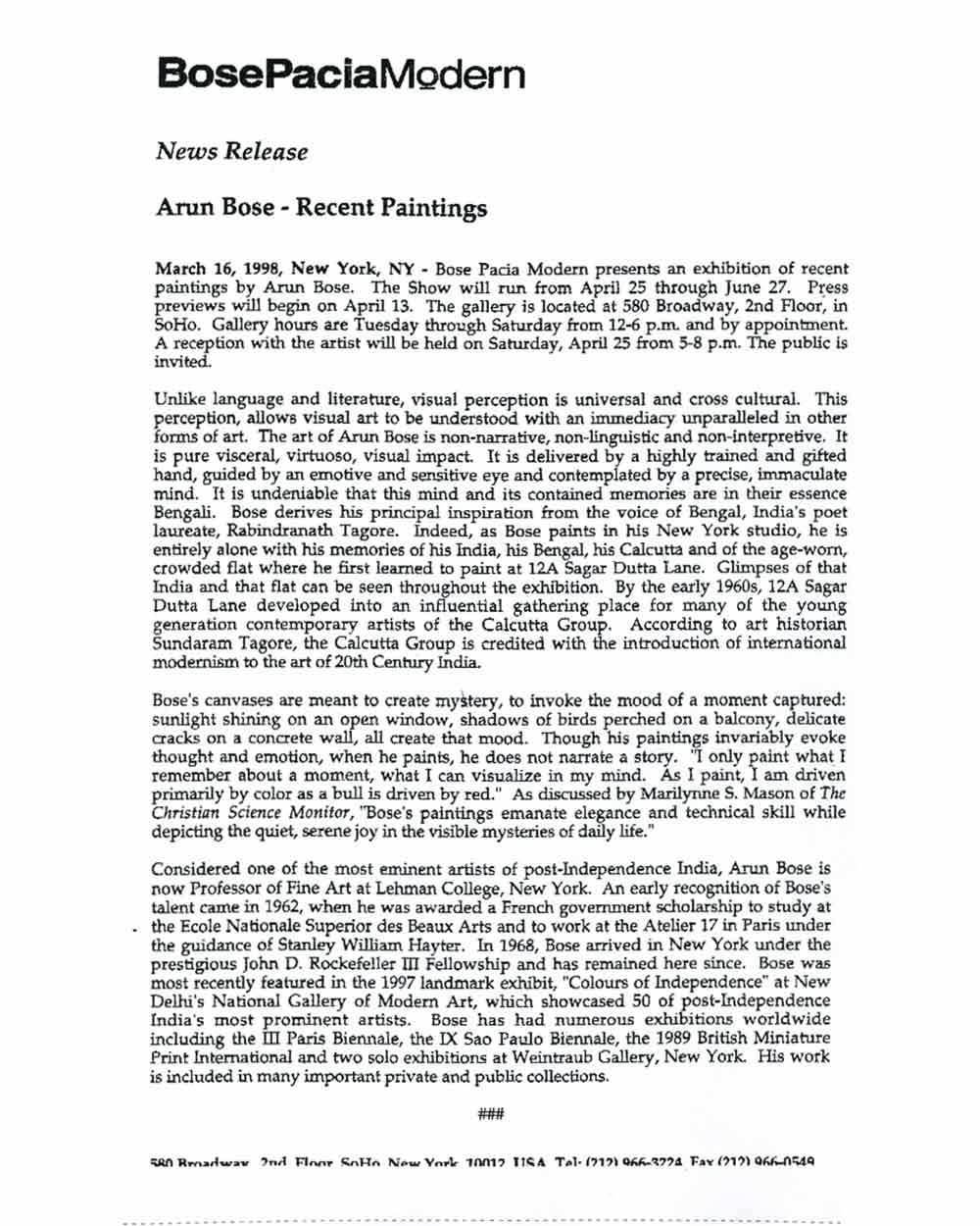 Arun Bose: Recent Paintings, press release