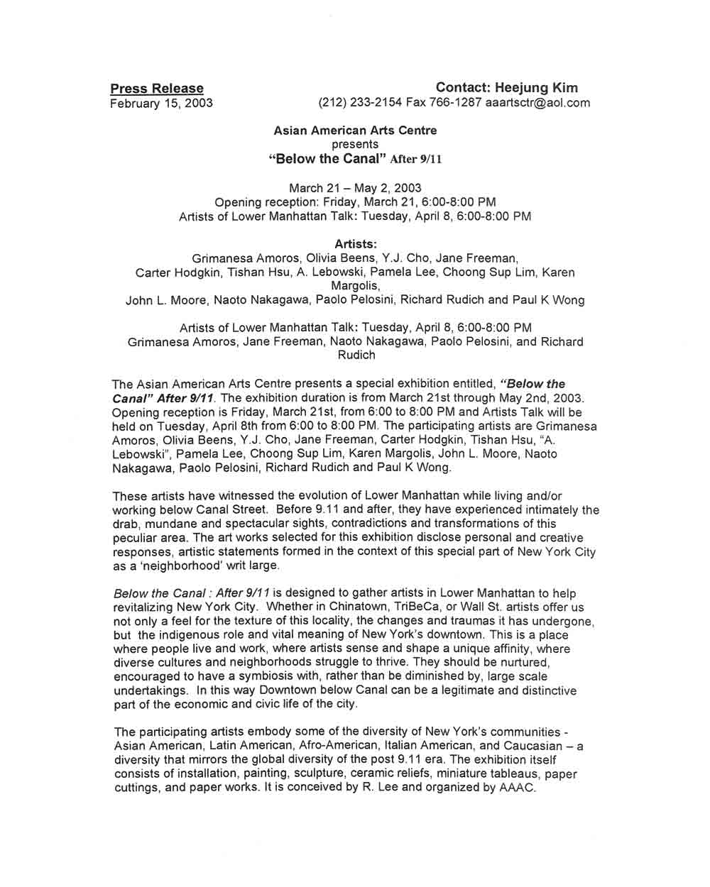 Below the Canal After 9/11, press release, pg 1