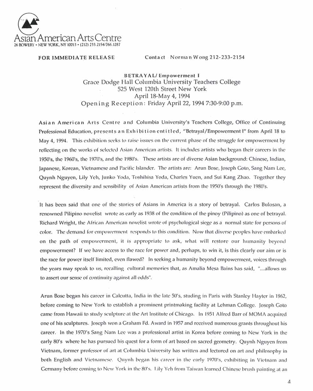 Betrayal / Empowerment I, presss release, pg 1