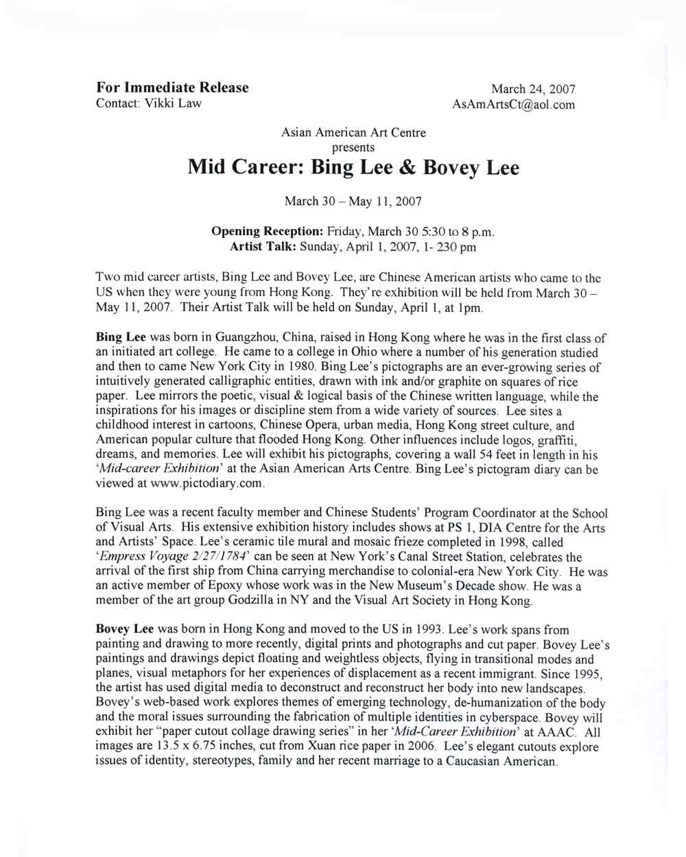 ing Lee/Bovey Lee at Mid-Career, press release, pg 1