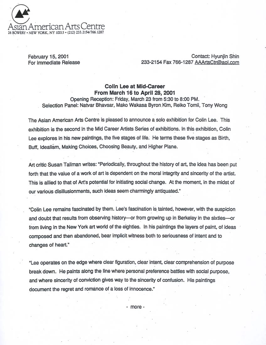 Colin Lee at Mid-Career, press release, pg 1