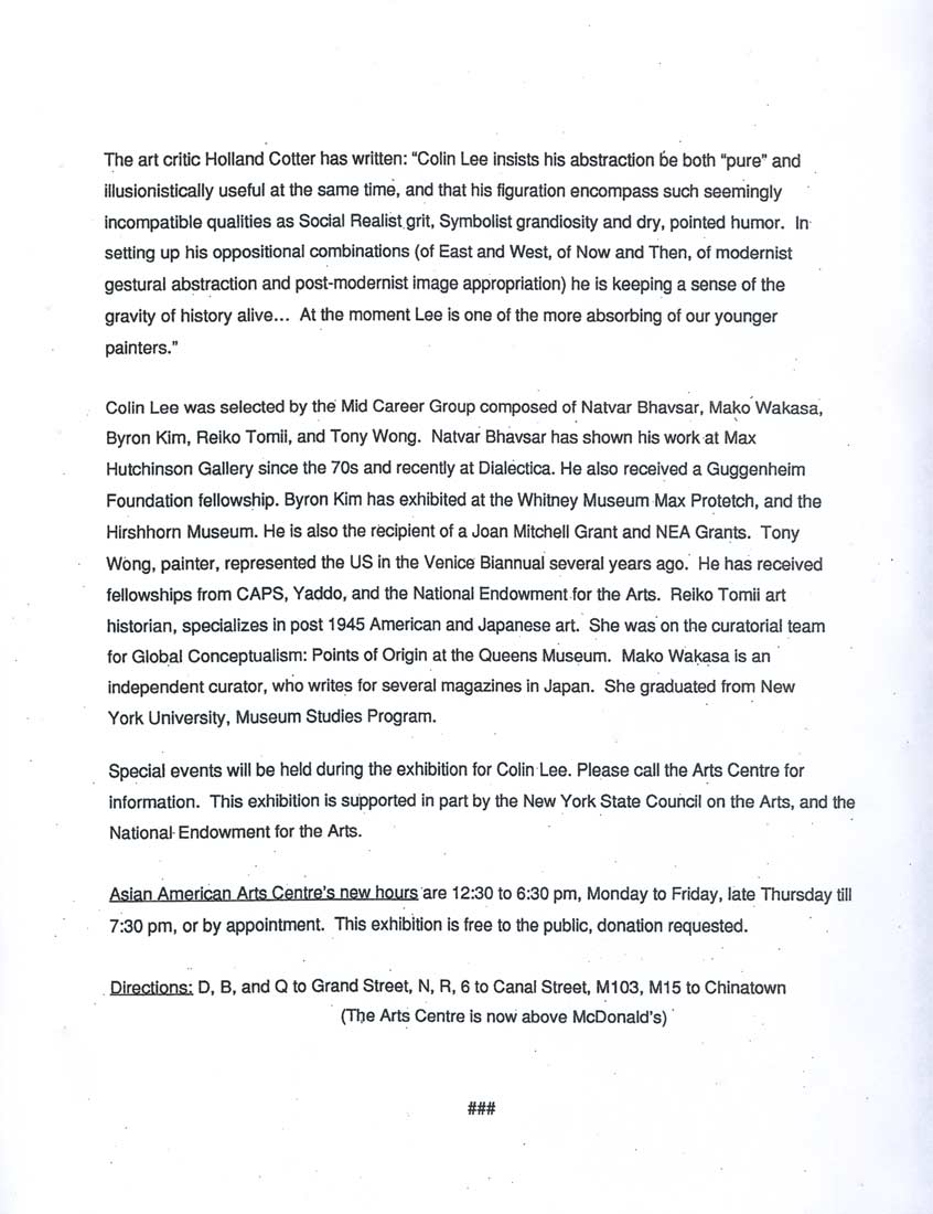Colin Lee at Mid-Career, press release, pg 2