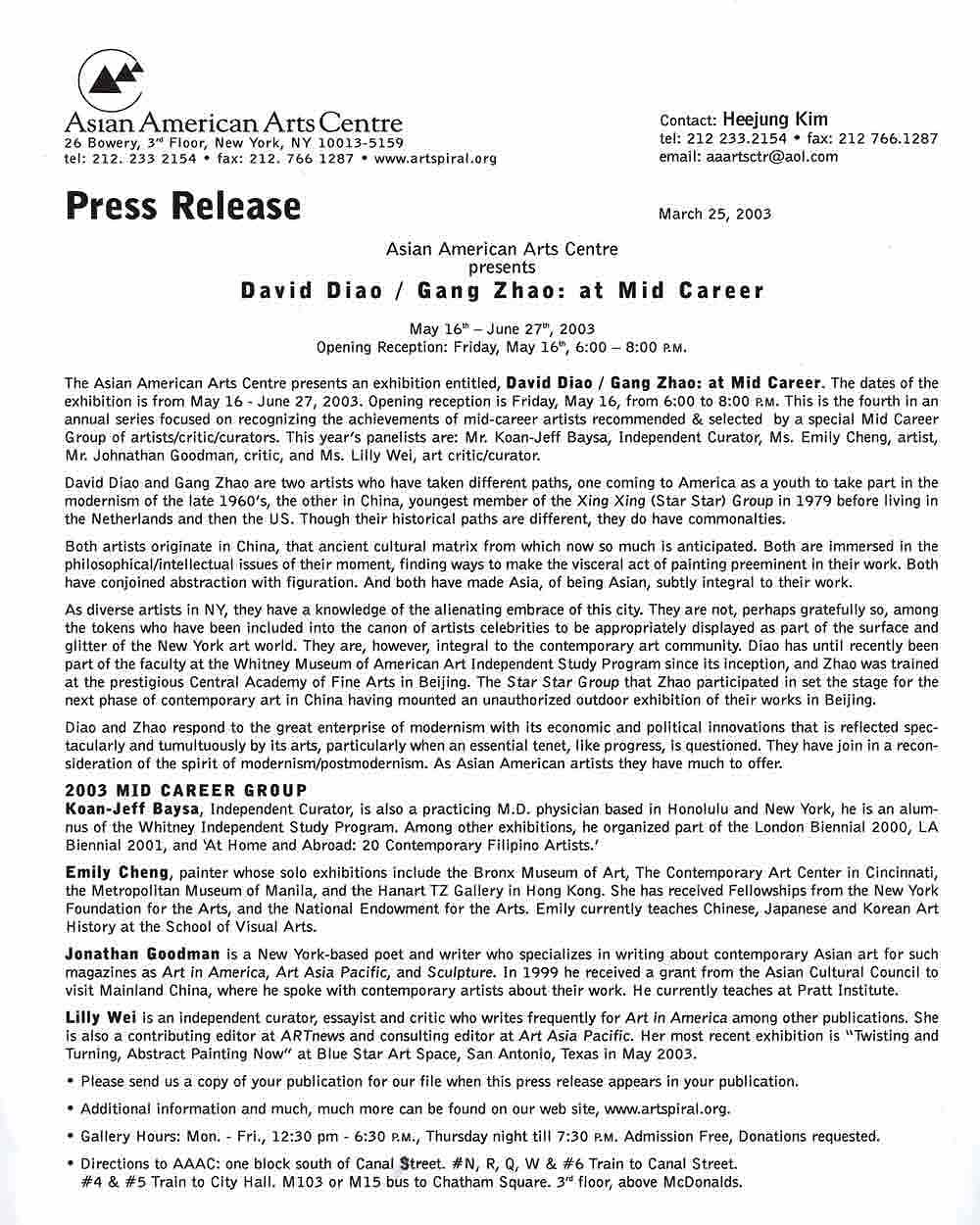David Diao/Gang Zhao: at Mid Career, press release