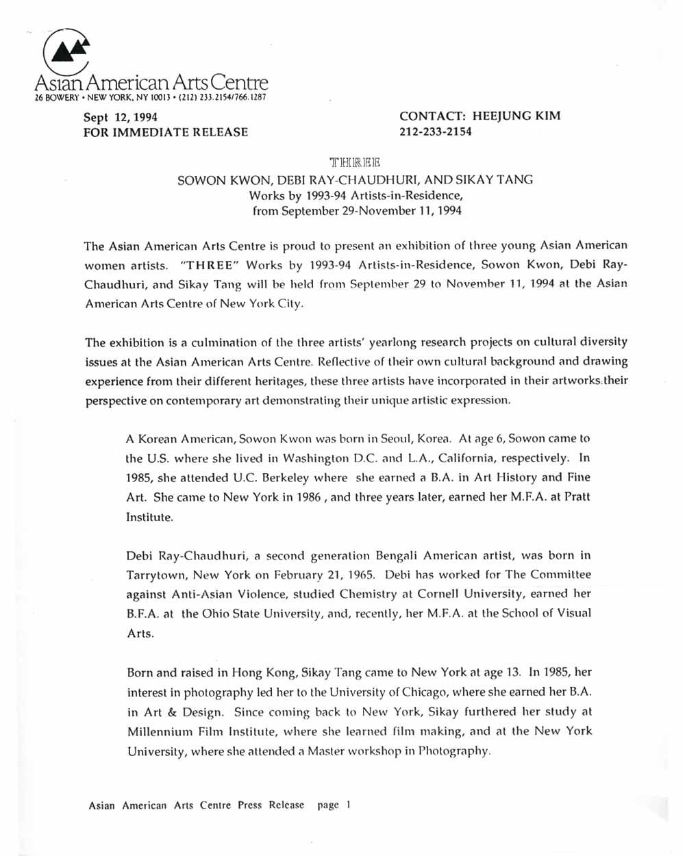 Debi Ray-Chaudhuri, Sowon Kwon, Sikay Tan, press release, pg 1
