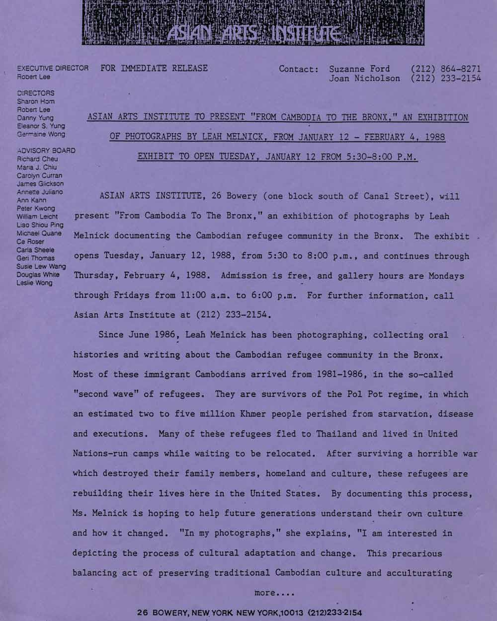 Cambodia to Bronx press release, pg 1
