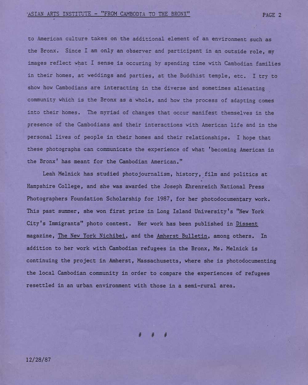 Cambodia to Bronx press release, pg 2