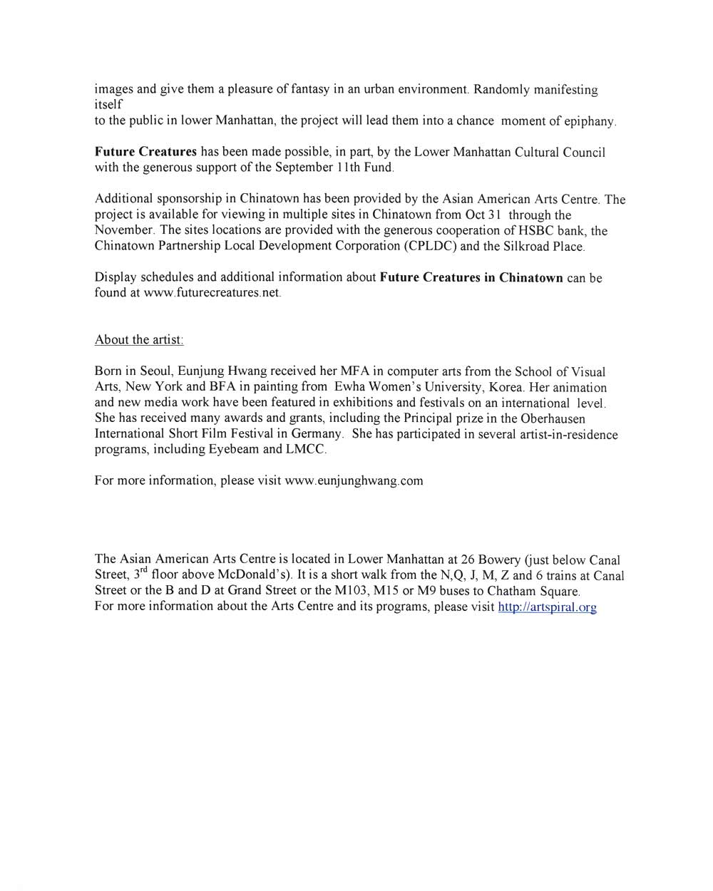 Future Creatures, press release, pg 2