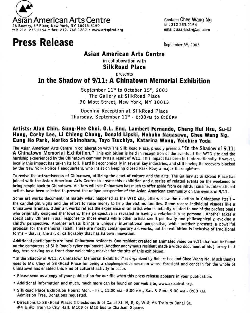 Shadow of 9/11 press release, pg 1