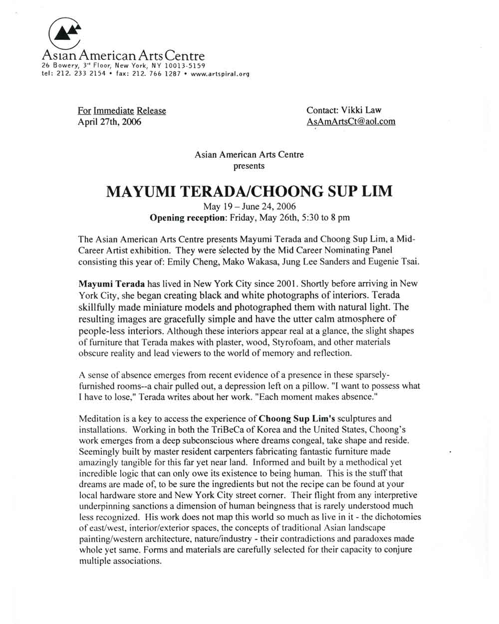 Mayumi Terada/Choong Sup Lim, press release, pg 1
