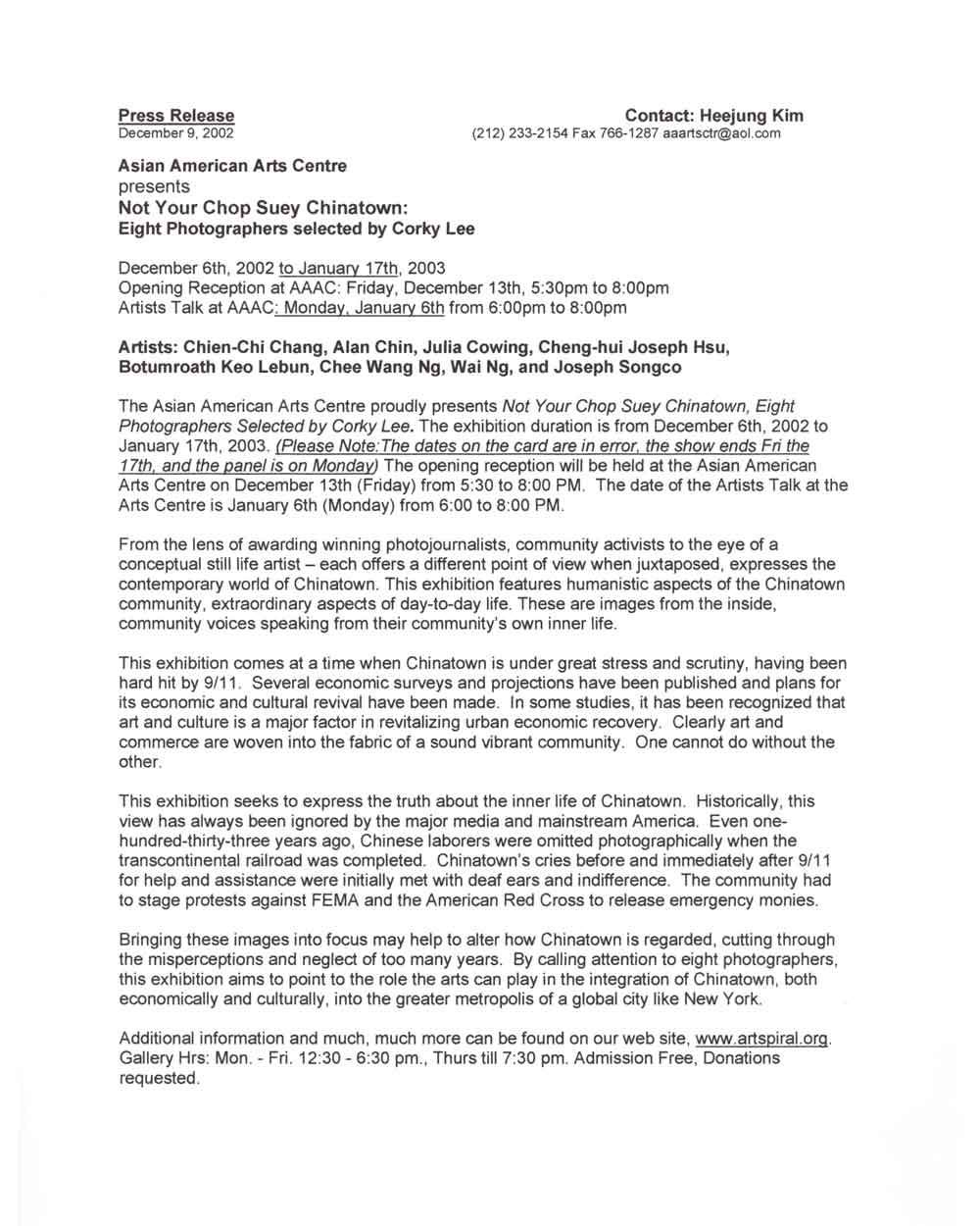Not Your Chop Suey Chinatown, press release, pg 1
