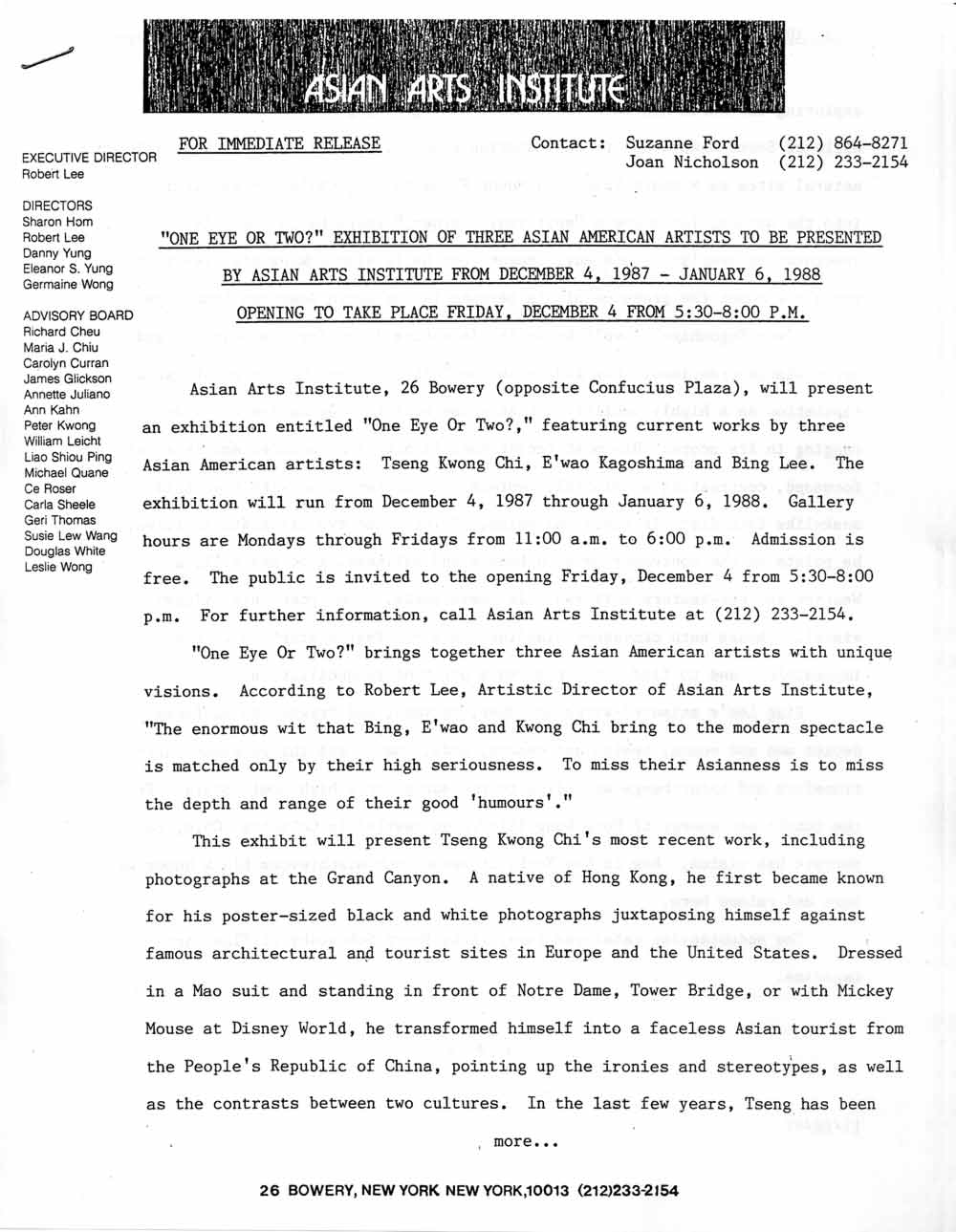 One Eye or Two?  press release, pg 1