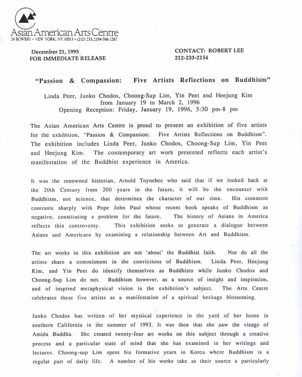 Passion & Compassion, press release, pg 1