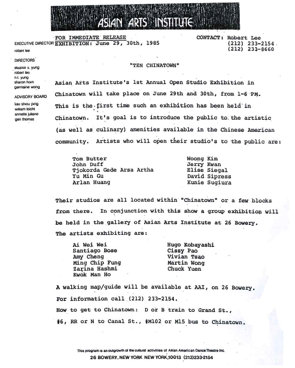 Ten Chinatown, First Annual press release
